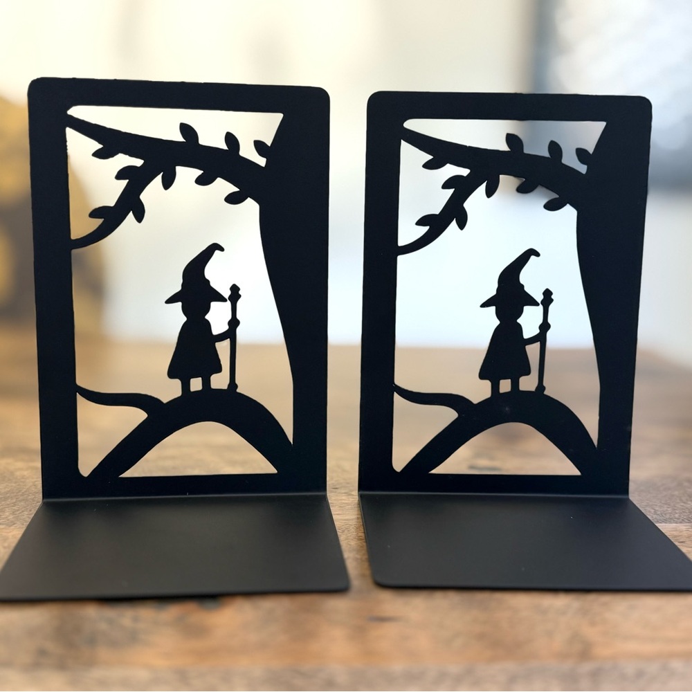 Witch bookends Halloween witch with broomstick black metal